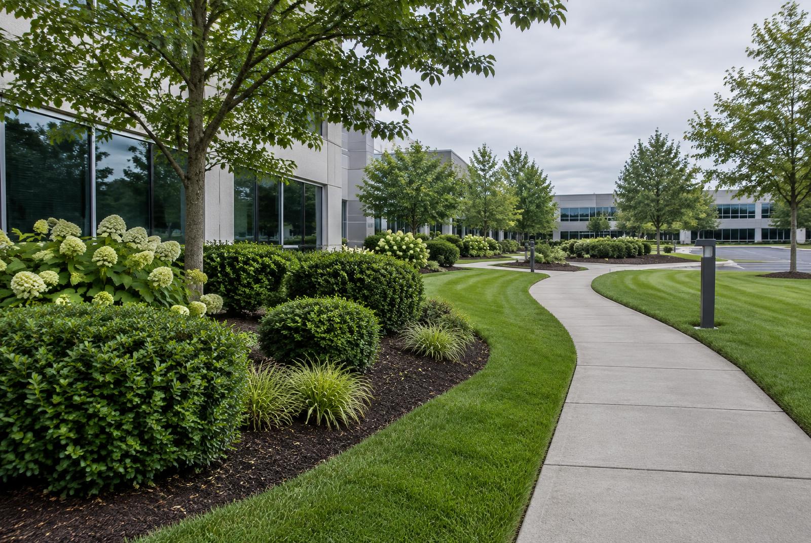 Maintained landscaping and walkways at a commercial office park