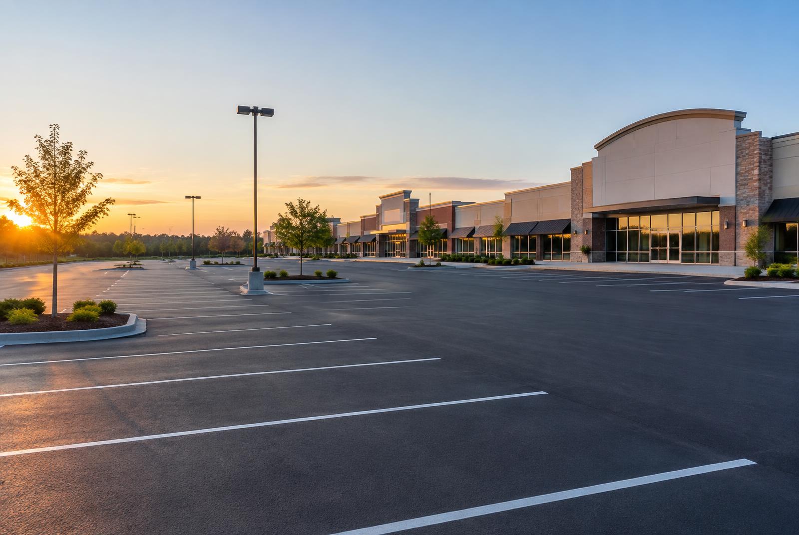 Striped commercial parking lot beside a retail center