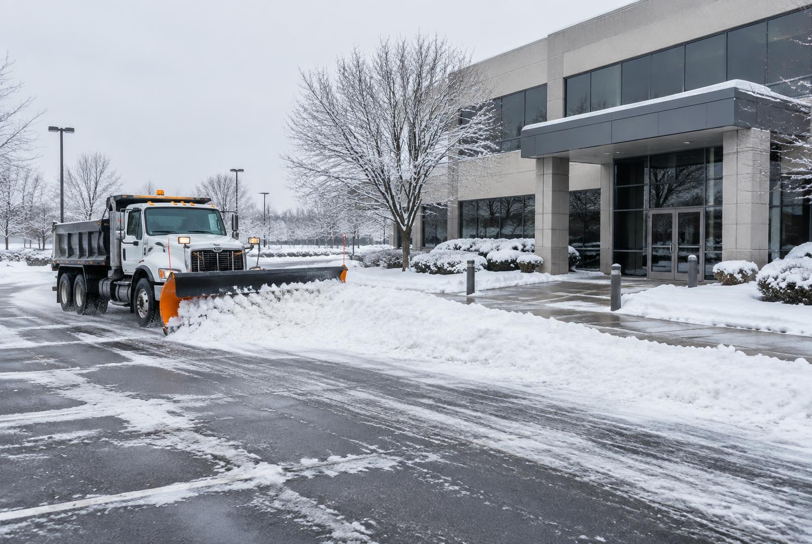 Plow truck clearing snow from a commercial parking lot entrance